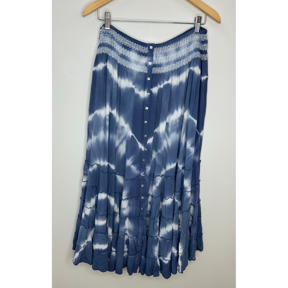 John Mark Tie Dye Smocked Waist Button Front Tiered Ruffle Maxi Skirt Large Blue - Picture 2 of 11